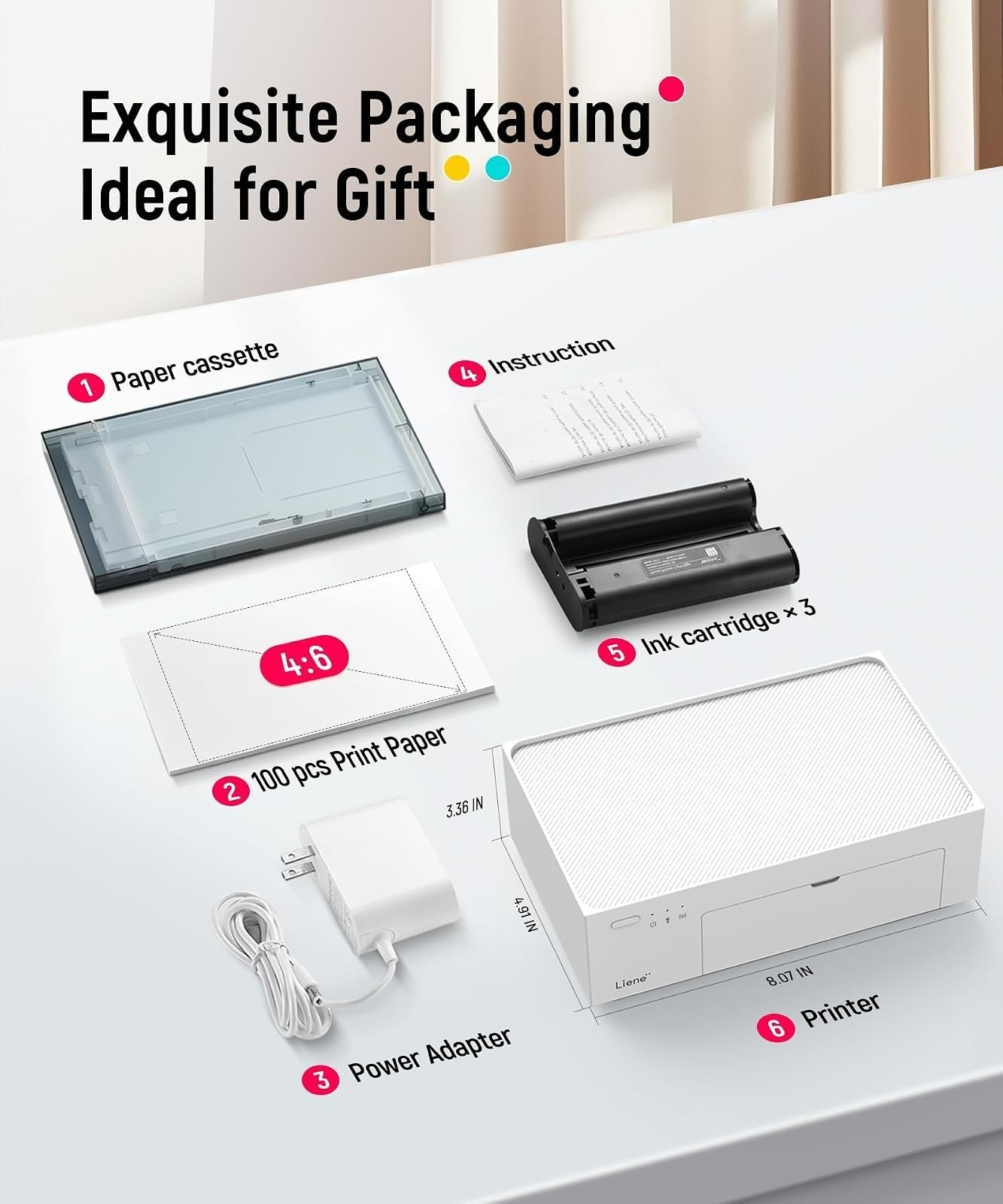 Liene M100 4×6” Photo Printer, Full-Color Portable Printer, 100 Sheets