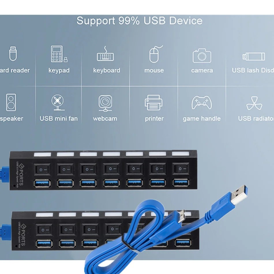 7 Port USB 3.0 Hub Splitter Adapter High Speed Extension For PC Laptop Desktop
