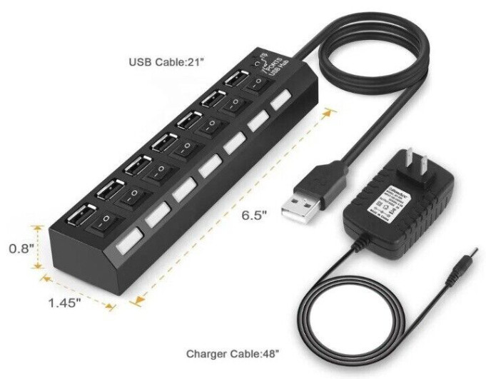 7 Port USB 2.0 For PC Laptop Mac Desktop With 5V 2a Power Supply For Outlets