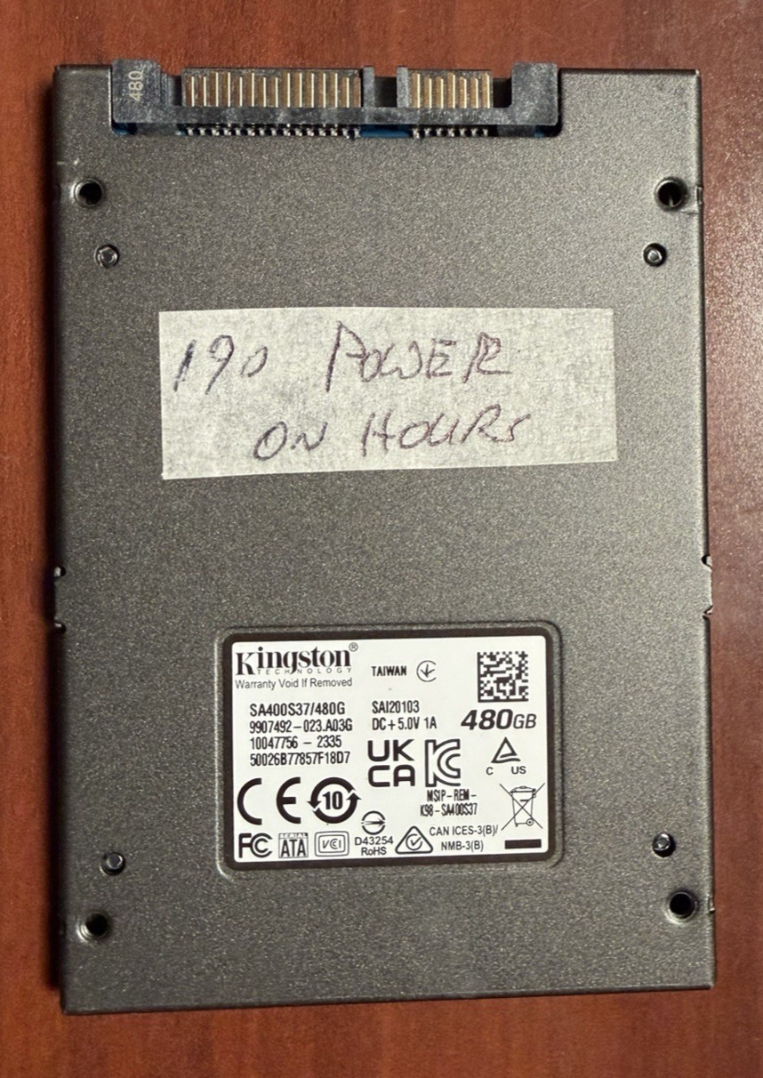 Kingston 480GB SSD 2.5″ SATA III Tested Good, Only 190 Power On Hours