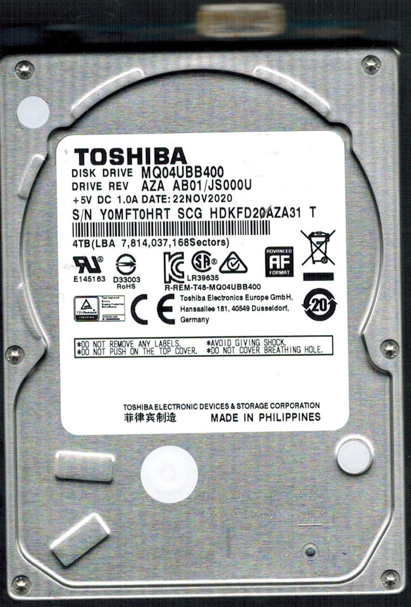 MQ04UBB400 HDKFD20ÁZA31 T REV:AZA AB01/JS000U 4TB NOV 2020 PHILIPPINES TOSHIBA