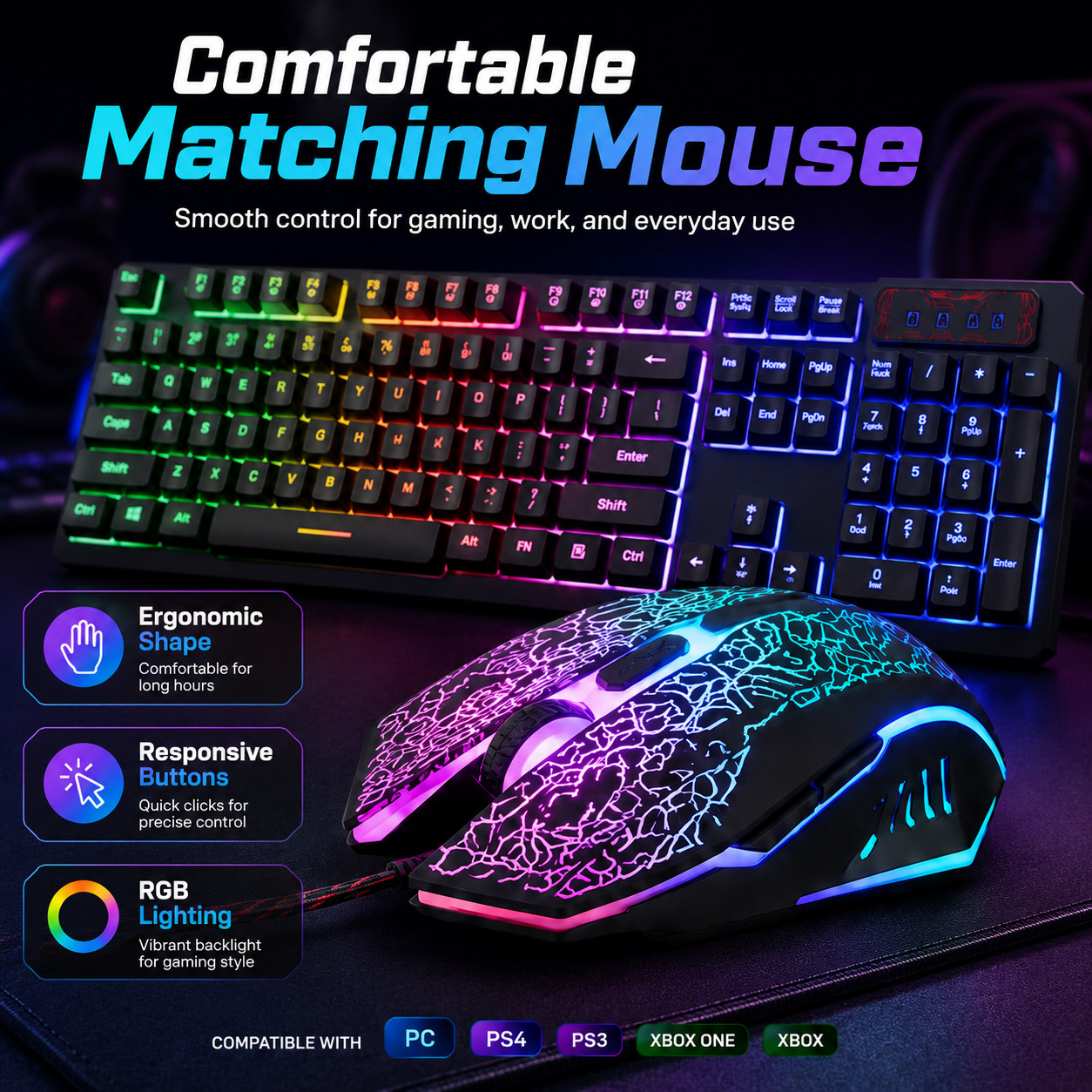 Rainbow LED Gaming Keyboard and Mouse Set Multi-Colored Backlight Mouse