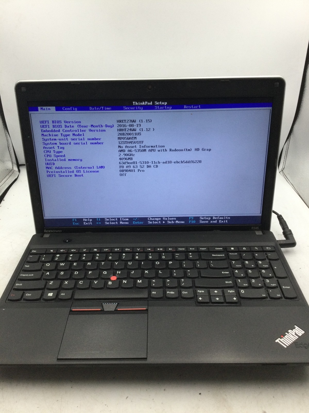 LENOVO THINKPAD E545 -BOOTS TO BIOS – AMD A6 5350M – 4GB RAM – READ DESCRIP – BB