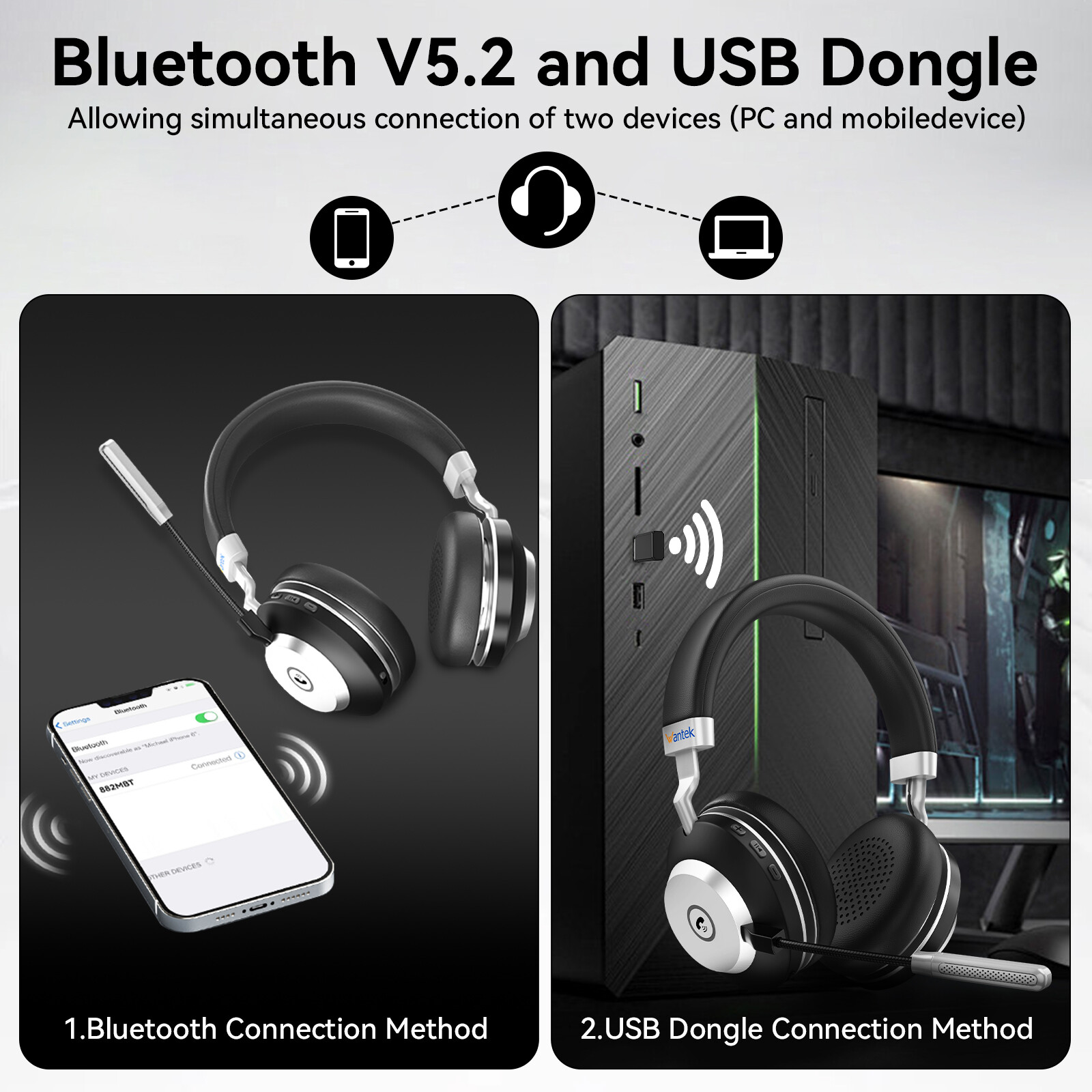 Wantek Wireless Headset with Microphone USB-dong Bluetooth Earphone for PC/Phone