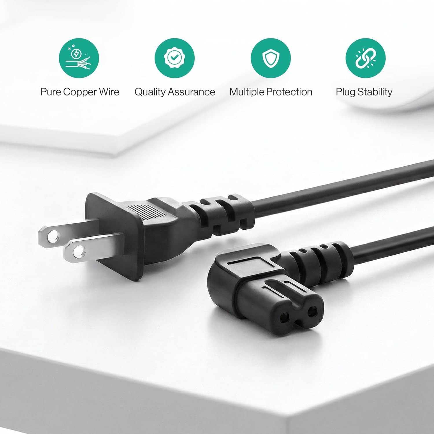 AC 90 Degree Right Angle 2 Prong TV Power Cord Replacement 5Ft L Shaped Angled I