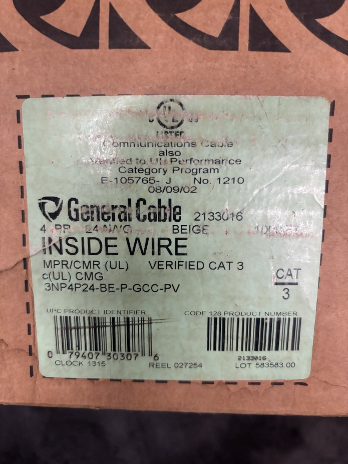 General Cable Cat 3 Inside Wire, Beige, Bx/1000’