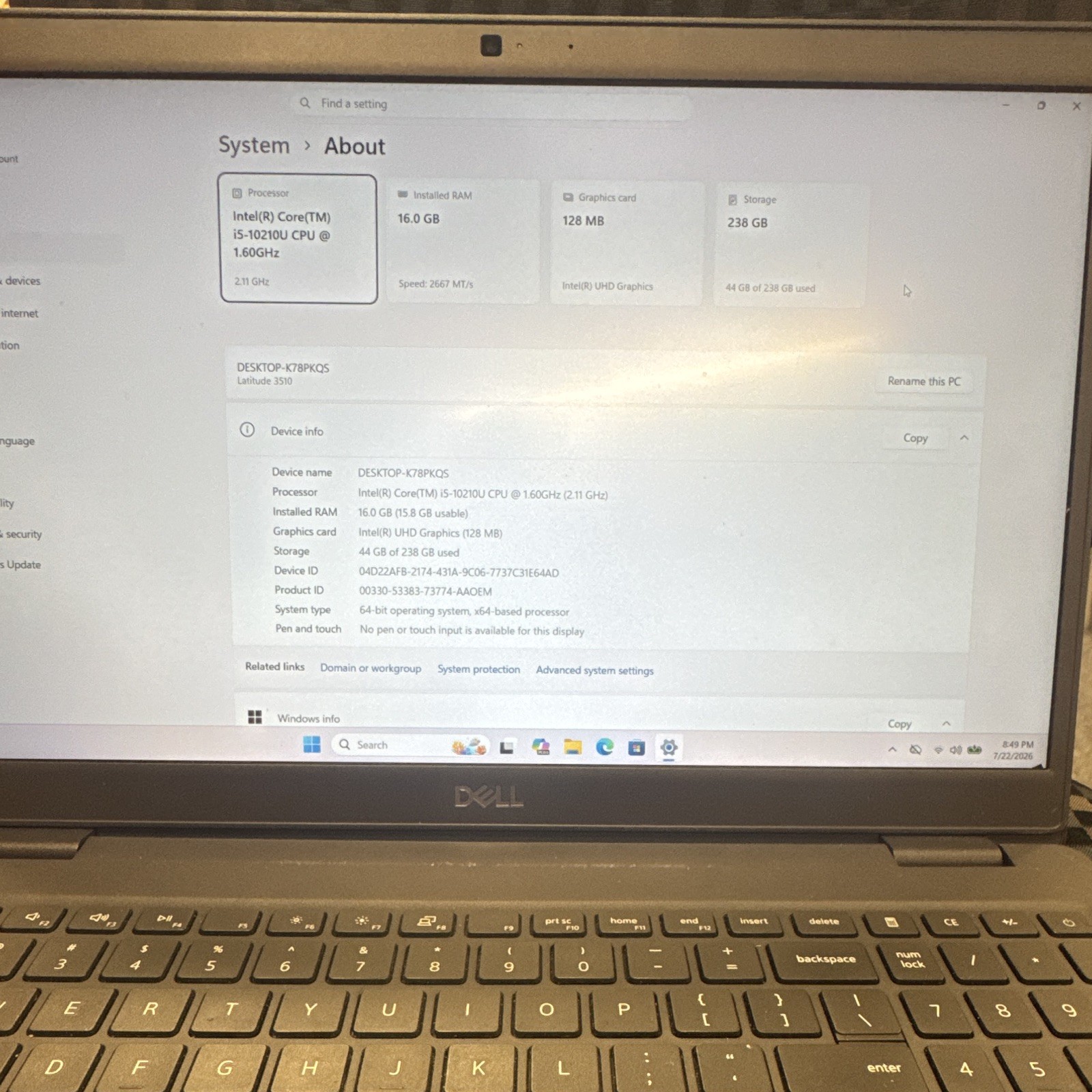 Dell Latitude 3510 15.6″ i5-10210U 16GB 256GB SSD Win 11 PRO Gray UHD