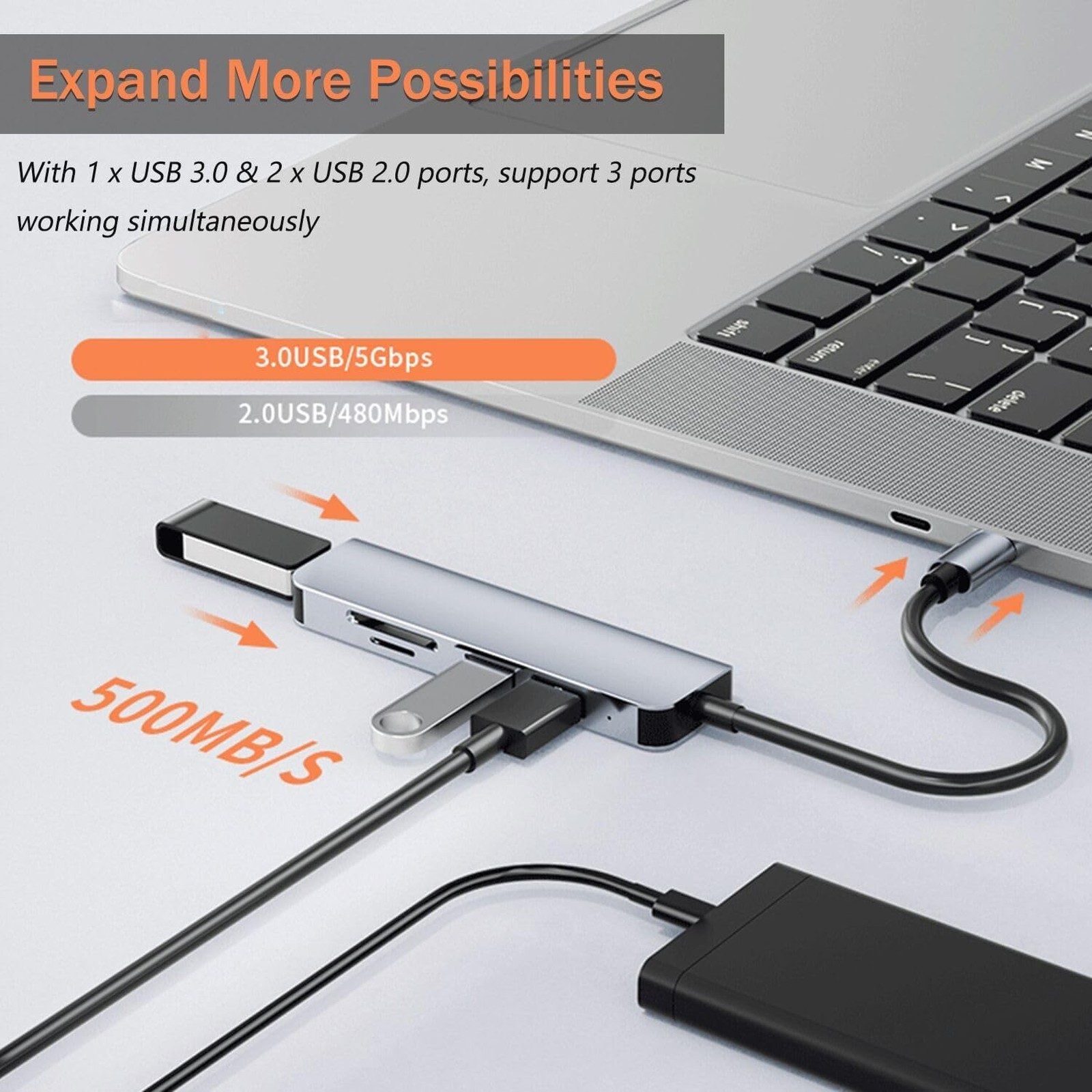 USB C Hub 5 in 1 Aluminum Memory Card Reader for PC MacBook Surface Windows