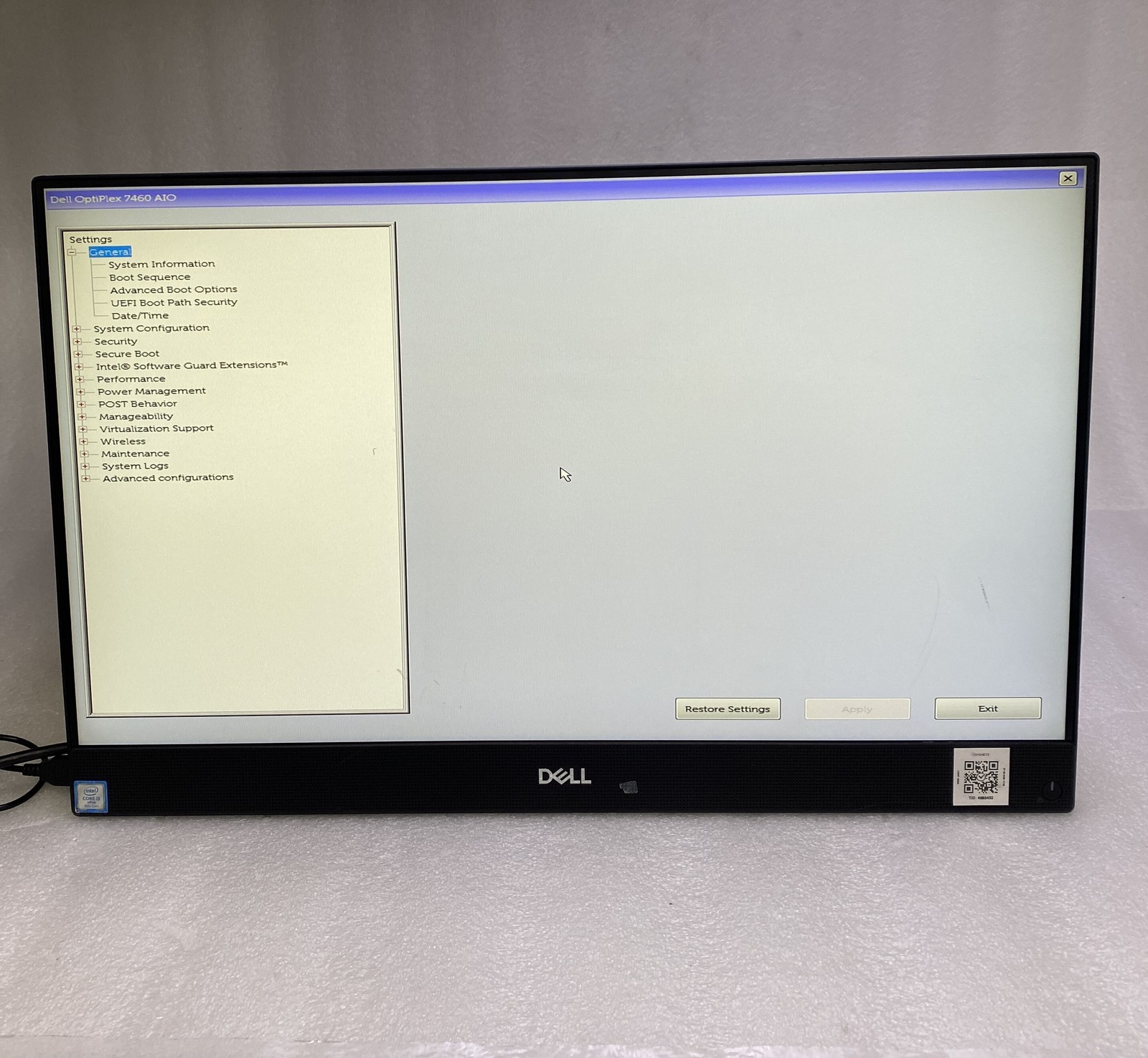 Dell OptiPlex 7460 AIO 23″ Core i5-8600 3.1GHz 8GB RAM NO HDD NO OS No Stand