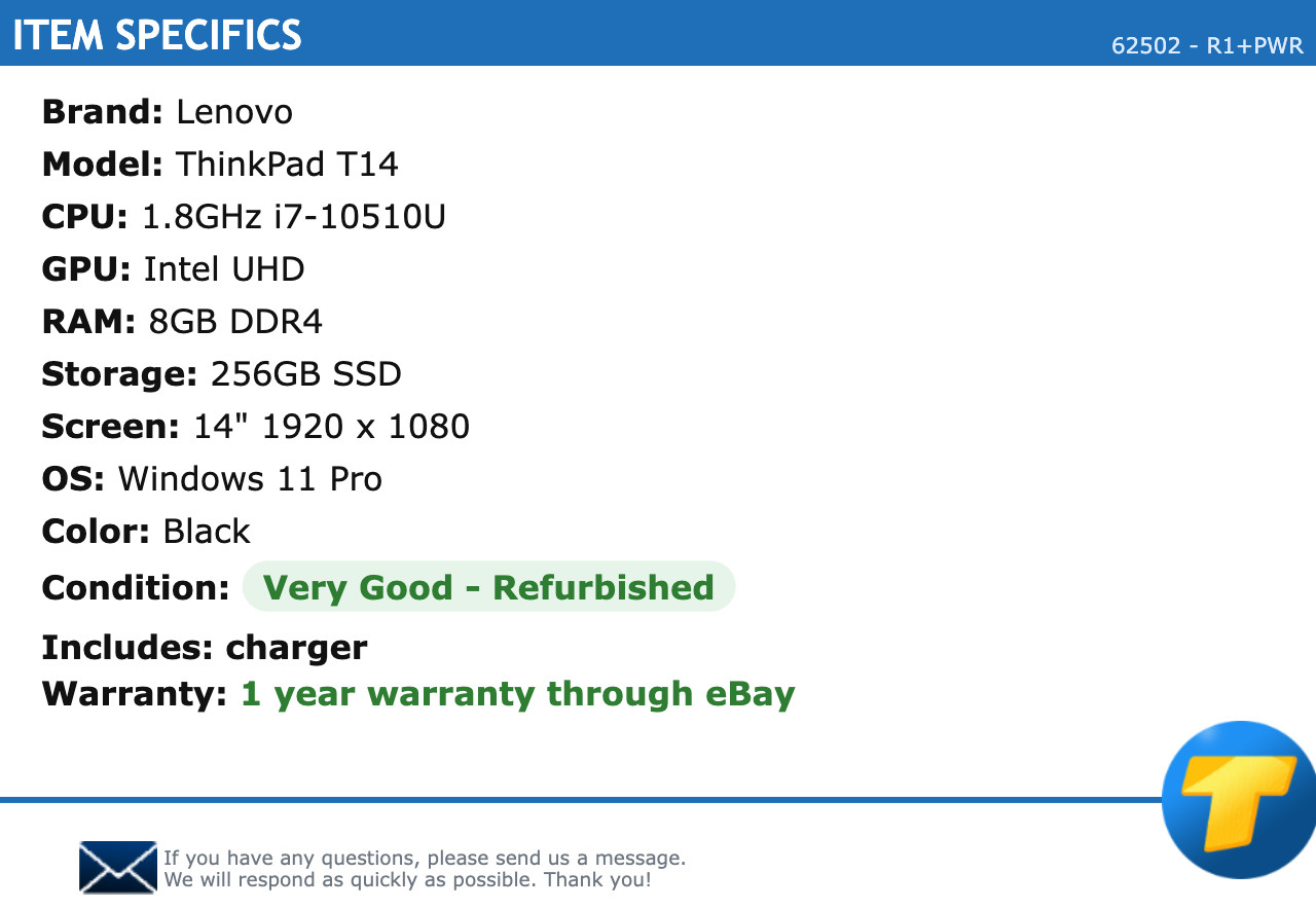 Lenovo ThinkPad T14 14″ FHD 1.8GHz i7 8GB RAM 256GB SSD Windows 11 Pro