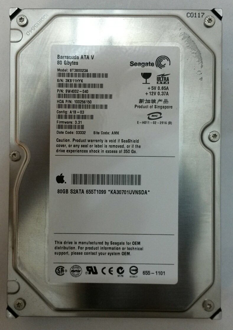 SEAGATE ST3800023A P/N:9W4002-040 F/W: 3.31 Site:AMK Desktop Drive 80GB IDE