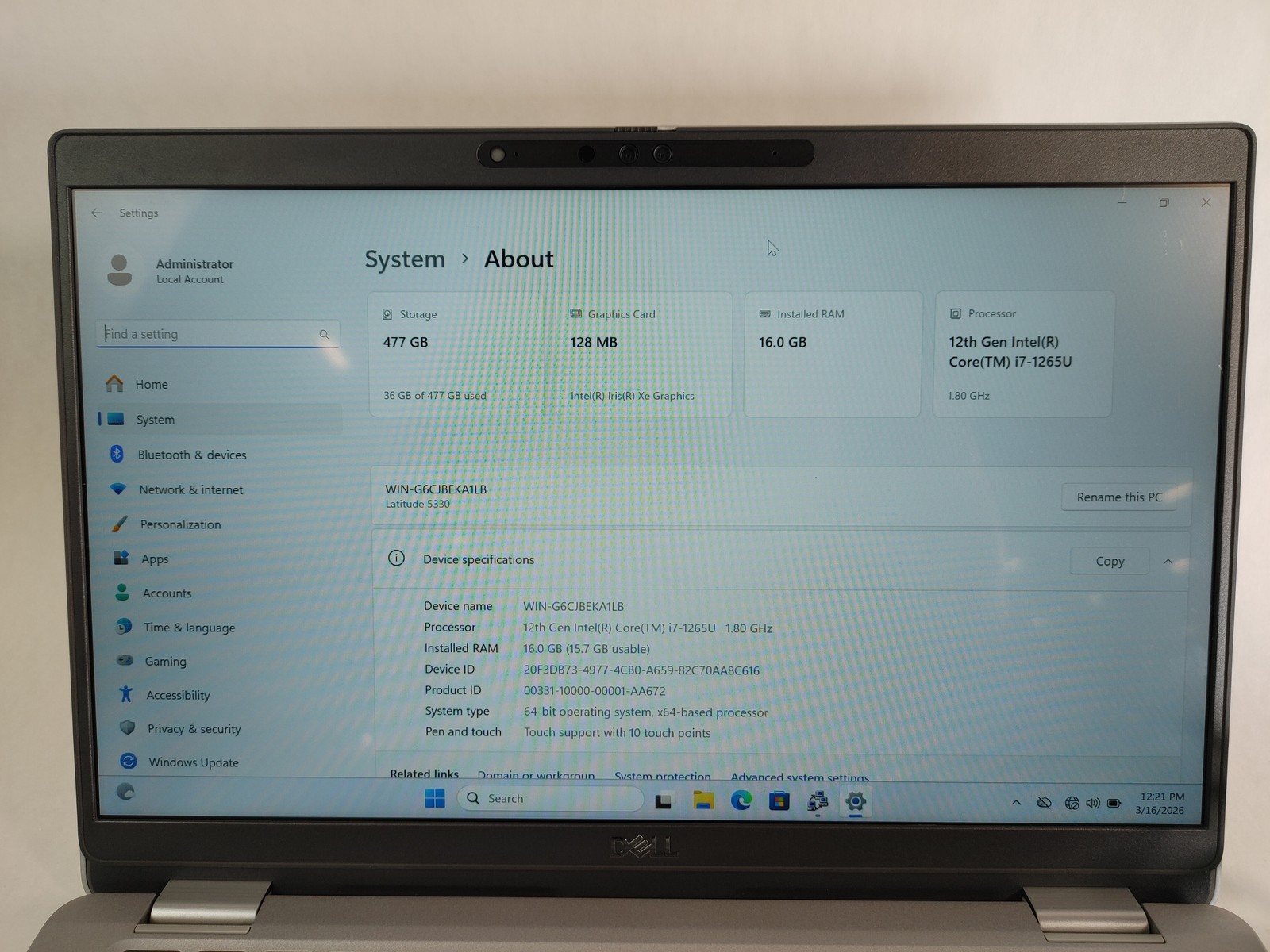 Dell Latitude 5330 Core i7-1265U 1.80 GHz 16 GB DDR4 512 GB NVMe Windows 11 Pro