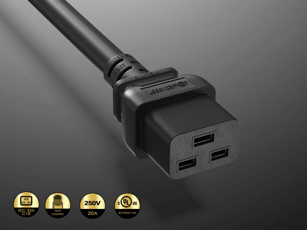 10ft C19 to Left Angle C20 Power Cord 12AWG 20A/250V SJT UL, Black