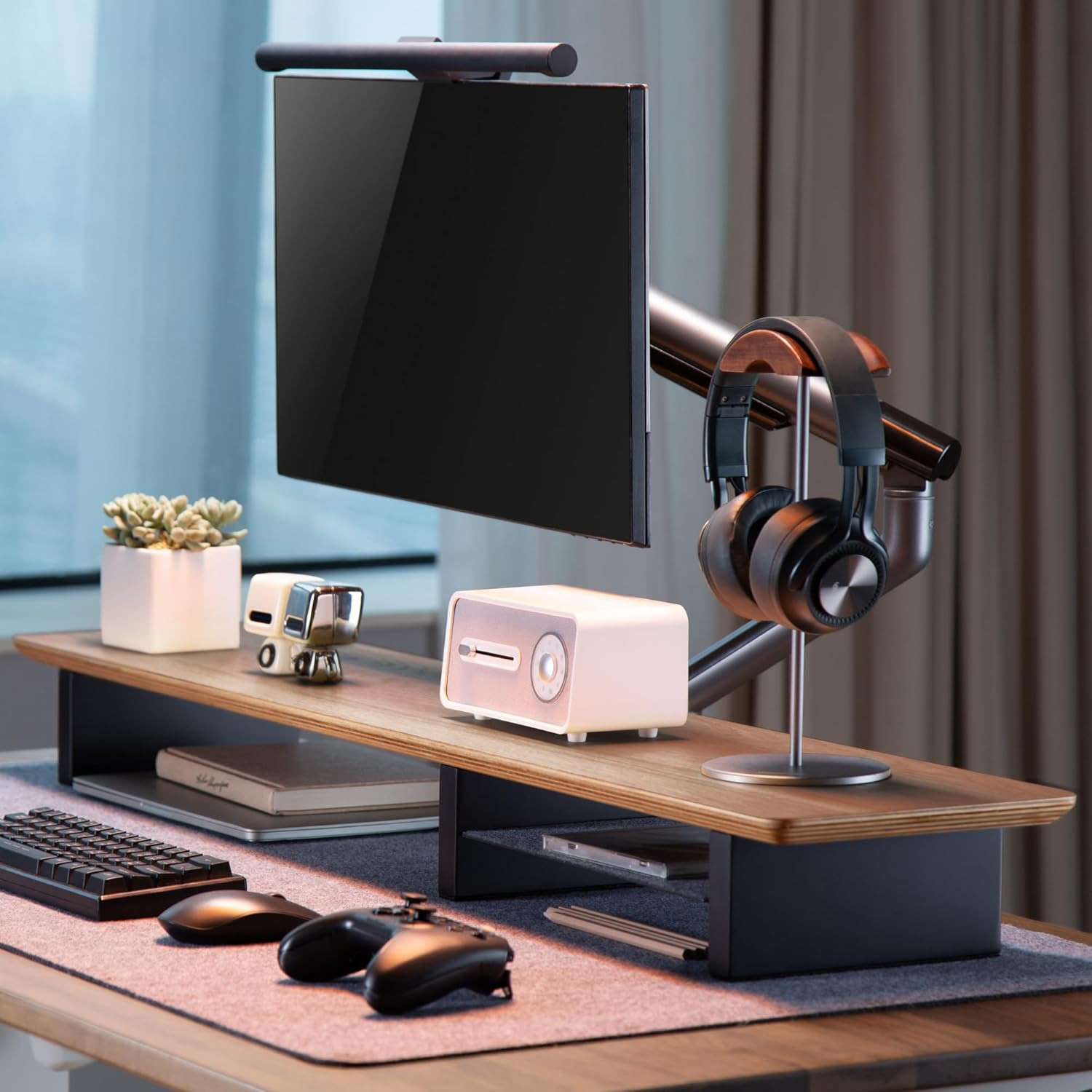 XL Walnut Wood Monitor Stand for 2 Monitors – 44 Inch Desk Shelf