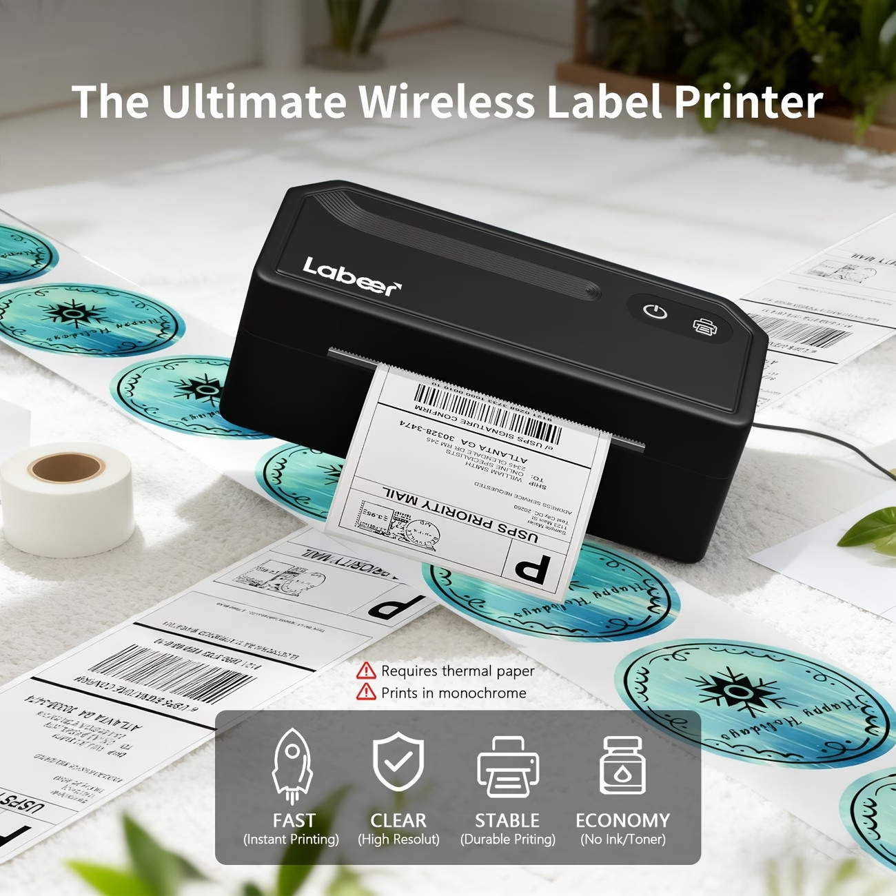 Wireless Shipping Label Printer 4×6 Thermal Bluetooth USB for iPhone Android Mac