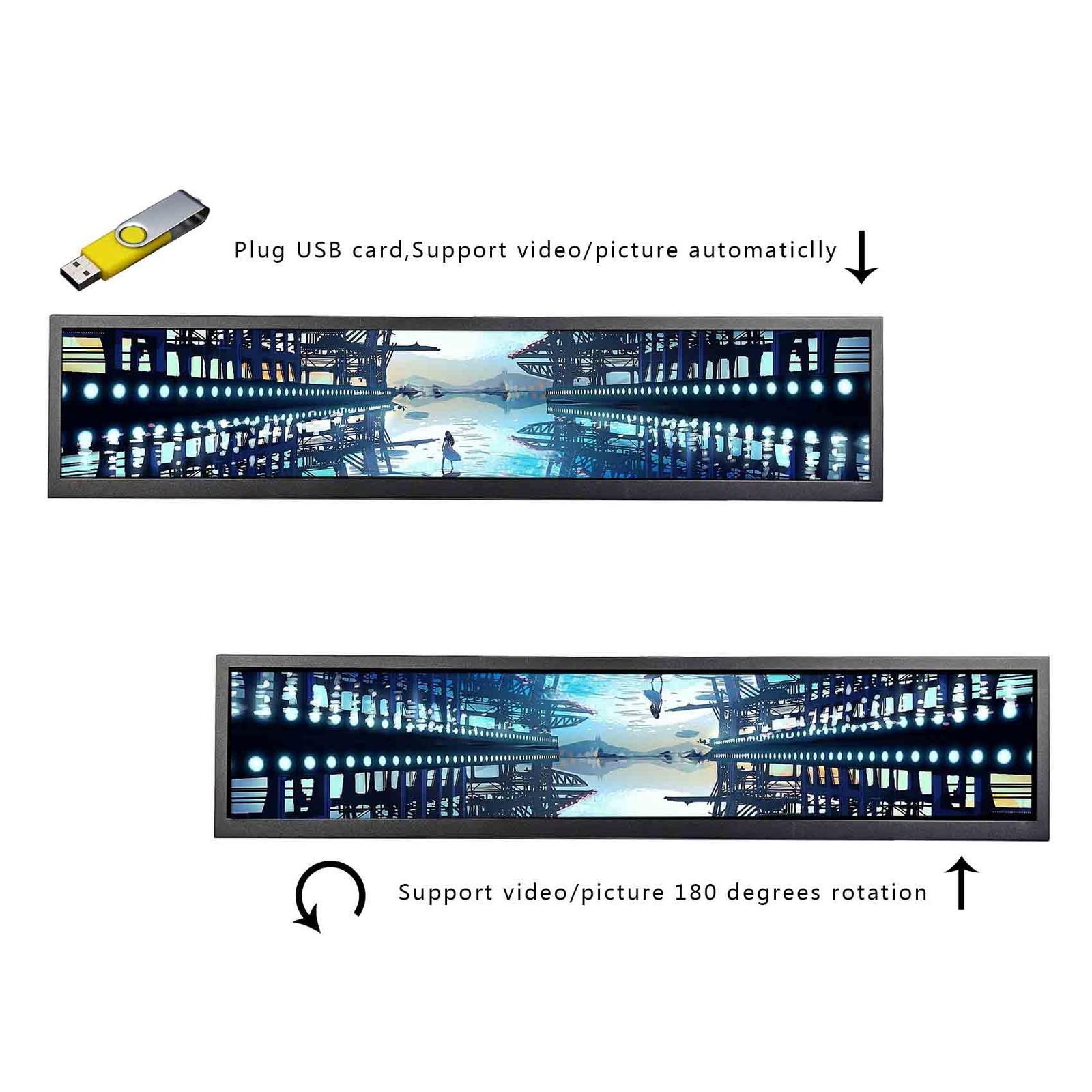 24in 28in 1920×360 LCD Monitor With HD USB Port Iamge Rotate and USB Play Video