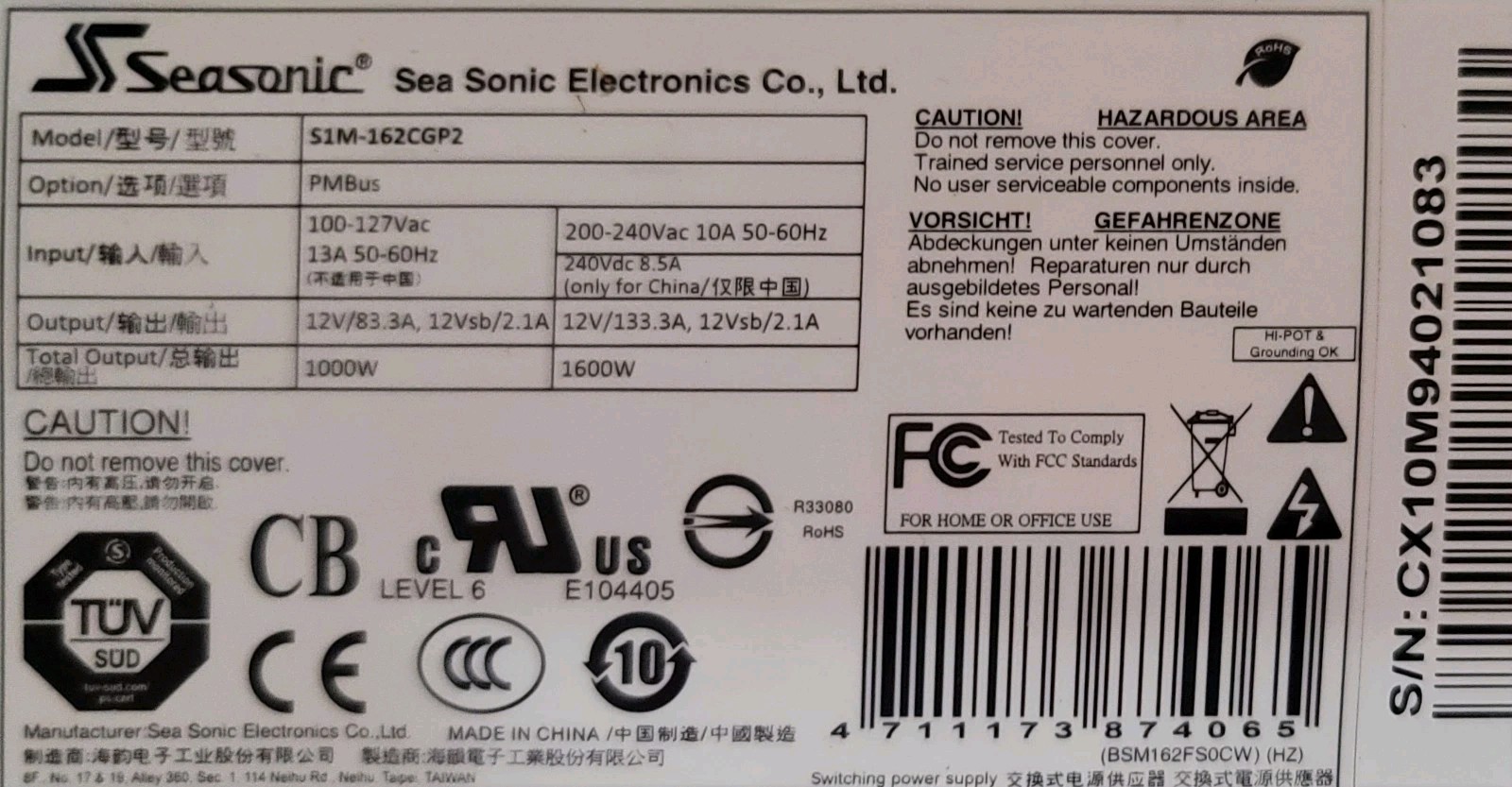 NEW SEASONIC S1M-162CGP2 SERVER POWER SUPPLY 1000W