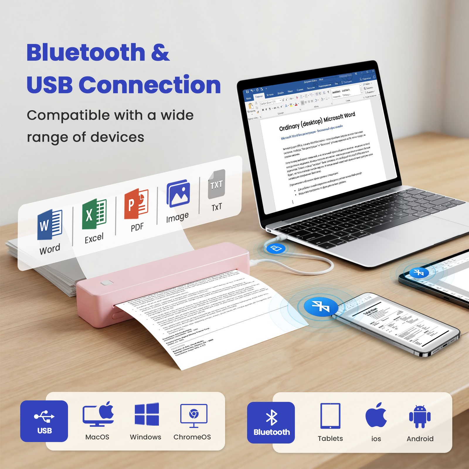 NEW A4 Portable Printer Wireless Bluetooth Printer for Travel Android iOS LOT