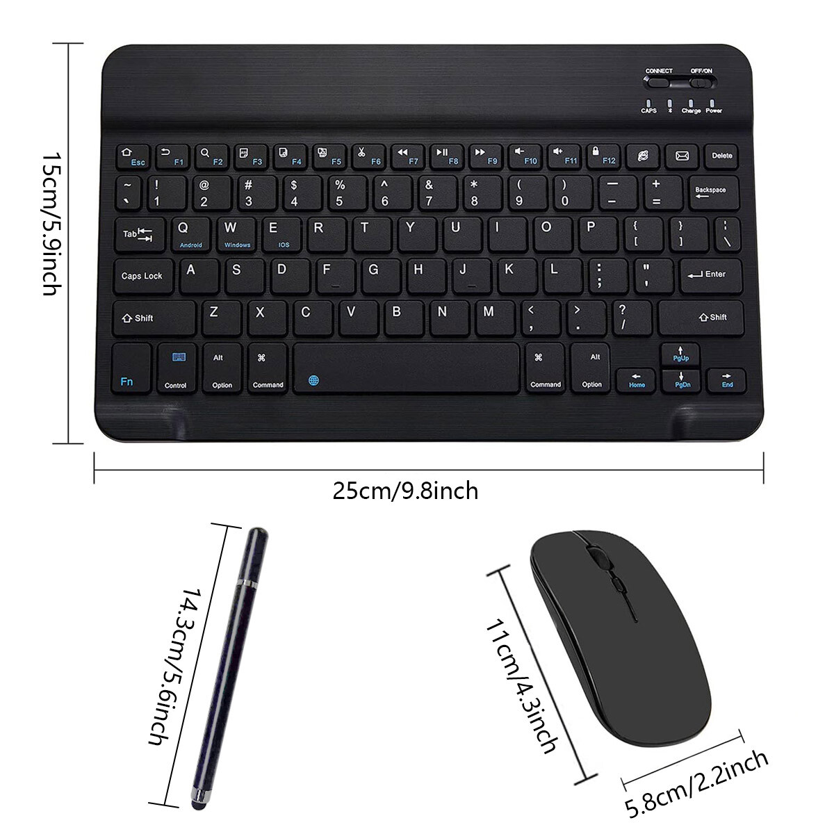 Wireless Bluetooth Keyboard Mouse Touch pen For PC Laptop iPad Tablet Black