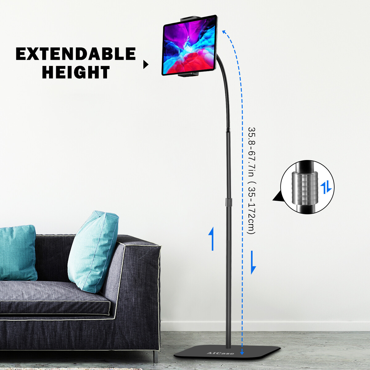 Aluminum Adjust Gooseneck Floor Stand Mount for iPad Pro Tablet CellPhone Holder