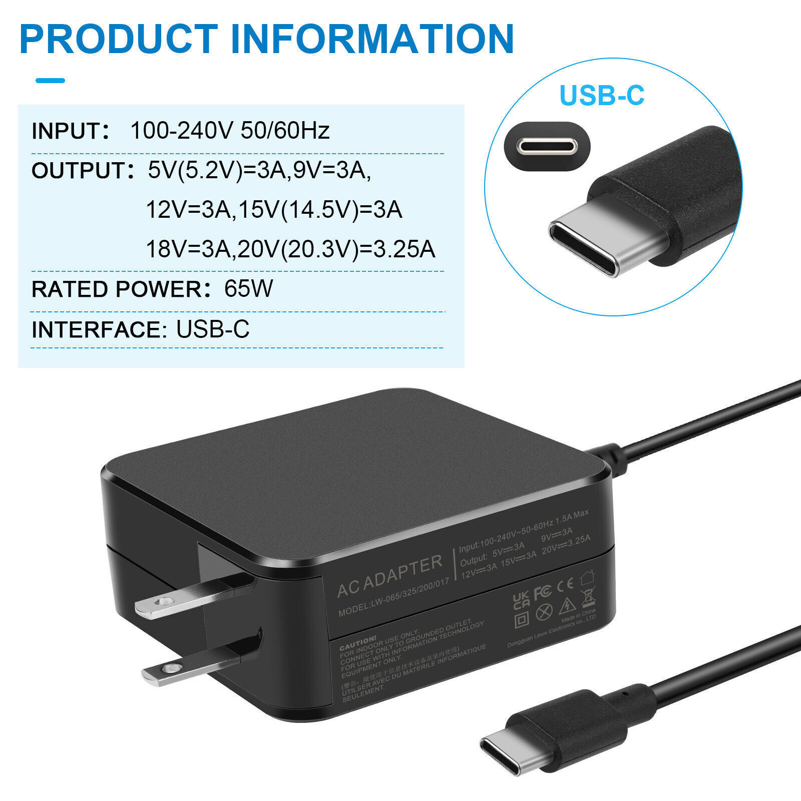 USB-C Type C Charger for Laptop Chromebook Tablet Phone PD 65W Universal Charger