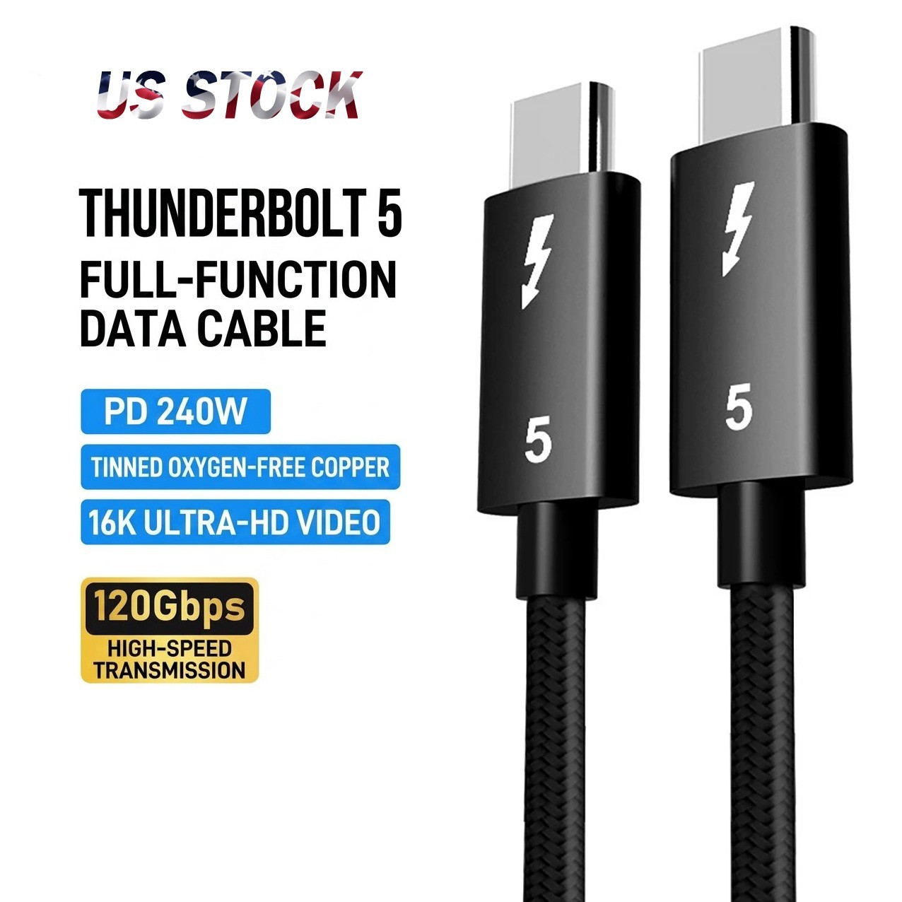 80Gbps Thunderbolt 5 Cable 240W PD Braided 16K Video USB-C to USB-C for Mac PC