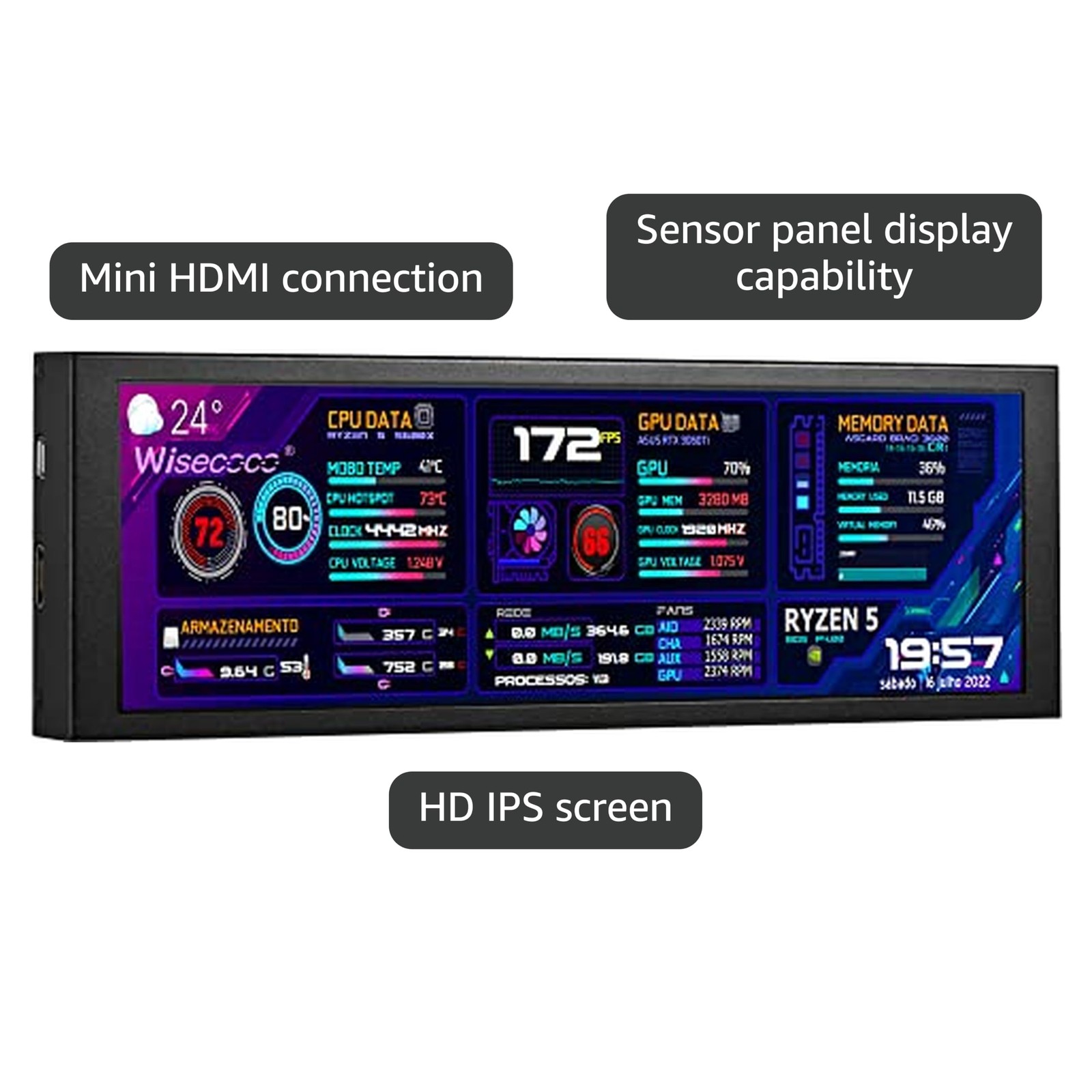 wisecoco 7.84 Inch Mini Monitor HD IPS 1280×400 Secondary Screen Stretched Ba