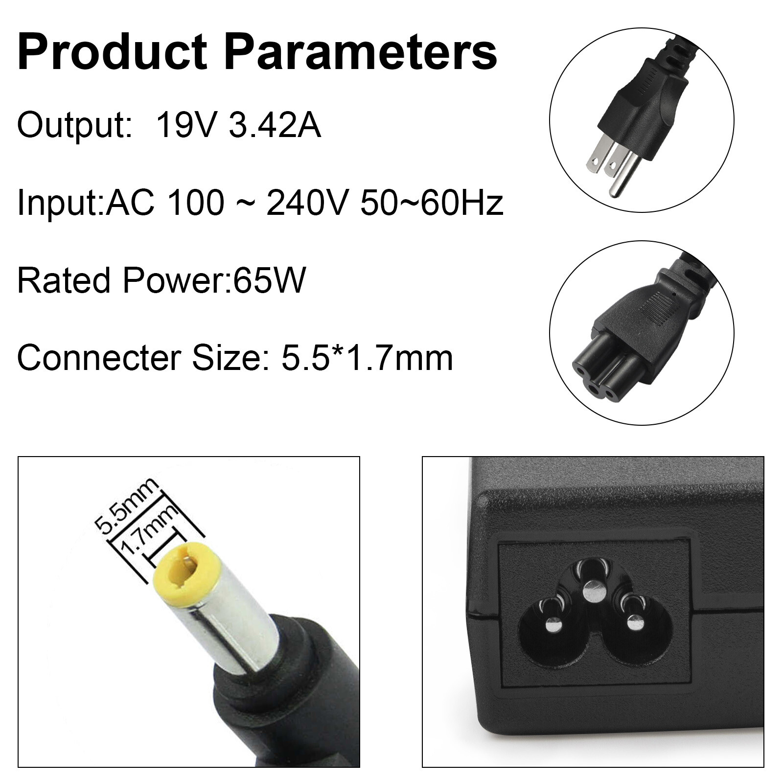 For Acer Aspire 19V 3.42A 65W Laptop AC Adapter Charger Power Cord 5.5*1.7mm