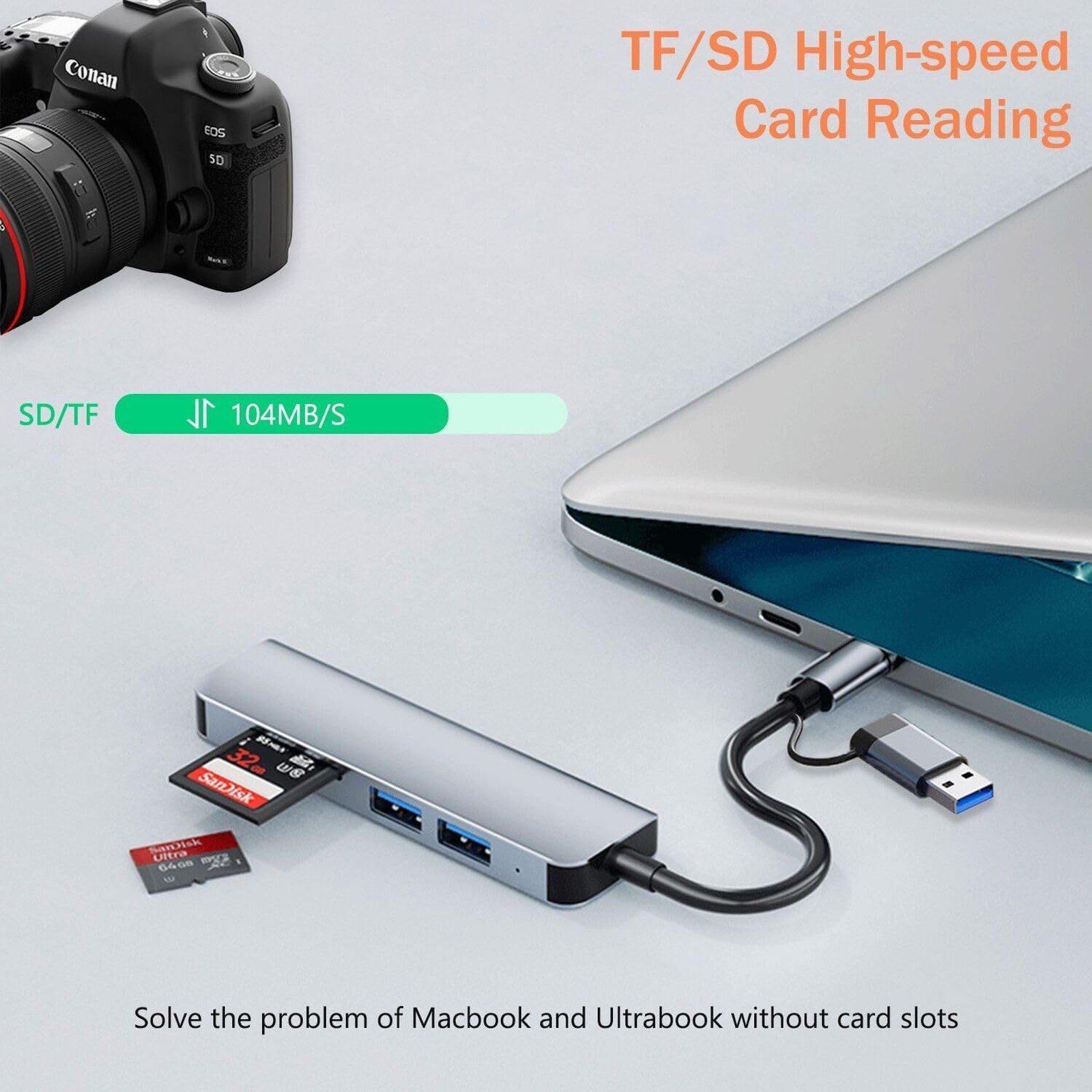 USB C Hub 5 in 1 Aluminum Memory Card Reader for PC MacBook Surface Windows