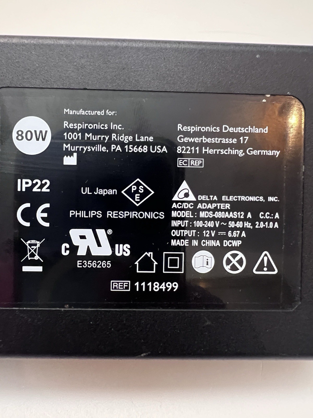 Philips Respironics 80W AC Power Supply Adapter 12V 6.67A CPAP MDS-080AAS12 A