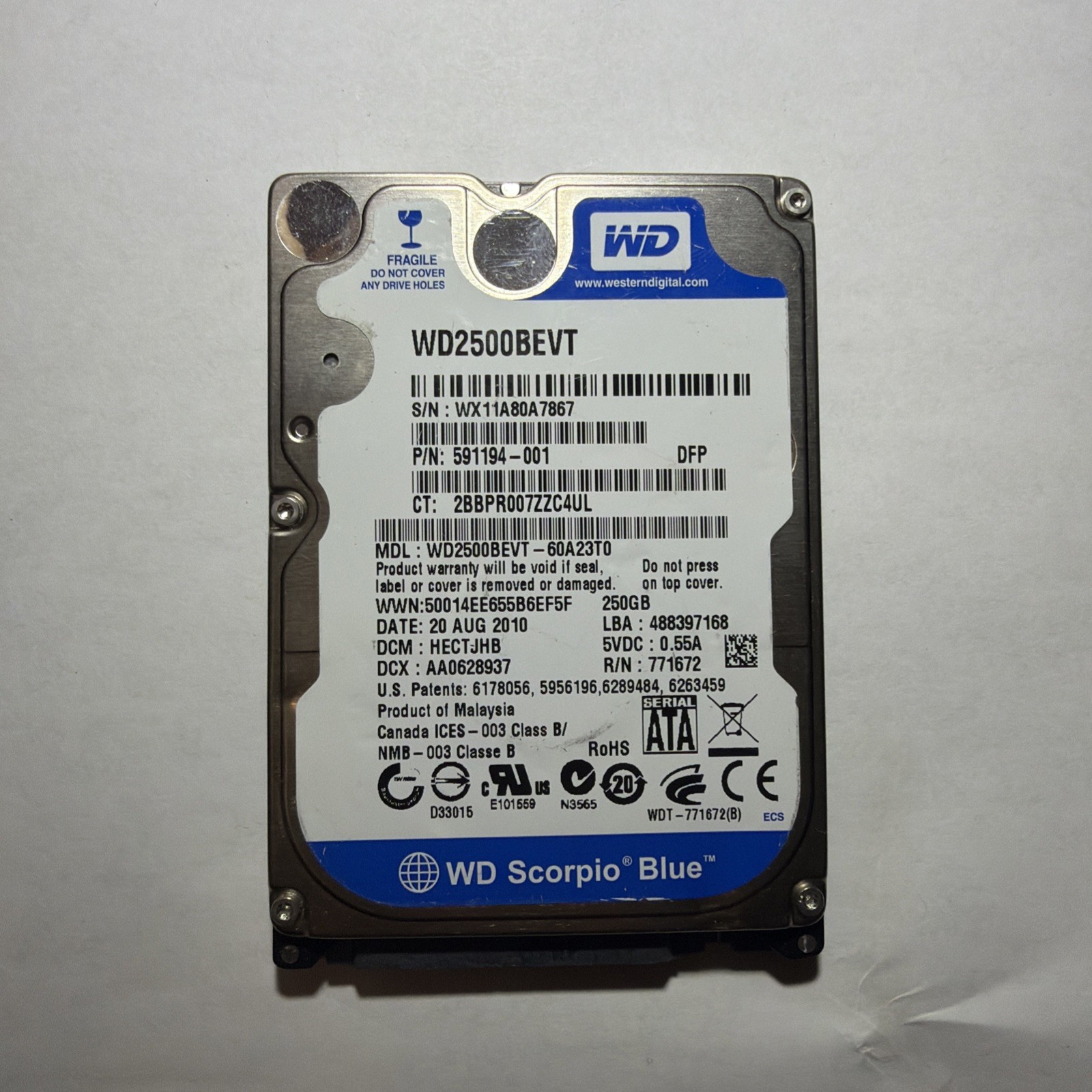 Western Digital Scorpio Blue 250GB 2.5″ SATA Hard Drive – WD2500BEVT – TESTED