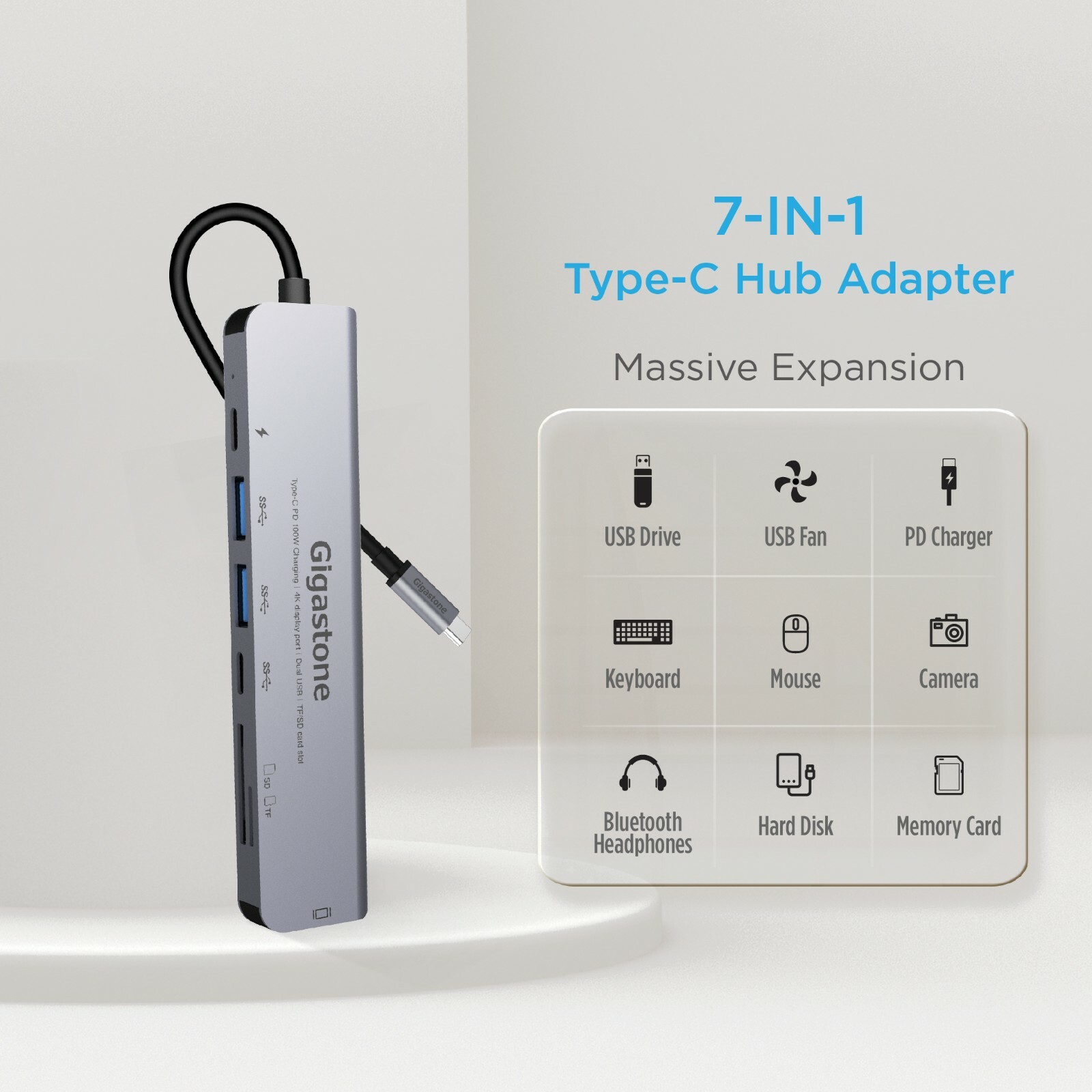 Gigastone USB-C HUB, 7IN1 Type-C , PD charge 100W, 2 USB 3.0 Ports, card reader