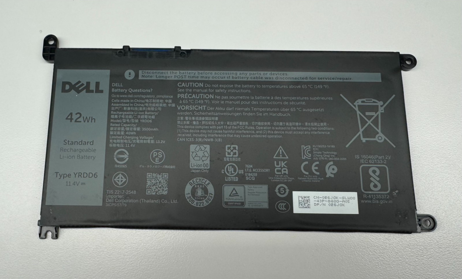 YRDD6 11.4V OEM Dell Chromebook Battery for Dell Chromebook 3110