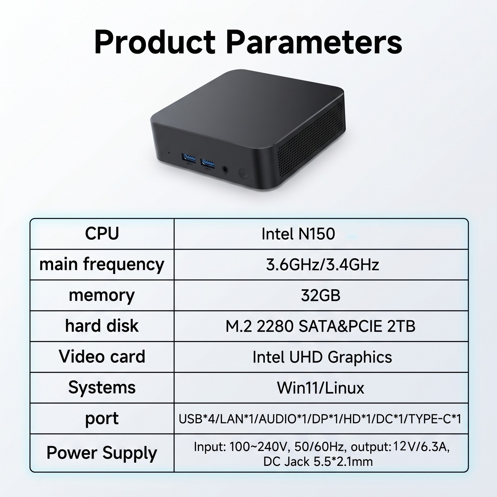 Mini PC Intel N150 3.6GHz Win11 16GB DDR4 Max 512GB SSD Triple Screen WiFi6 Home