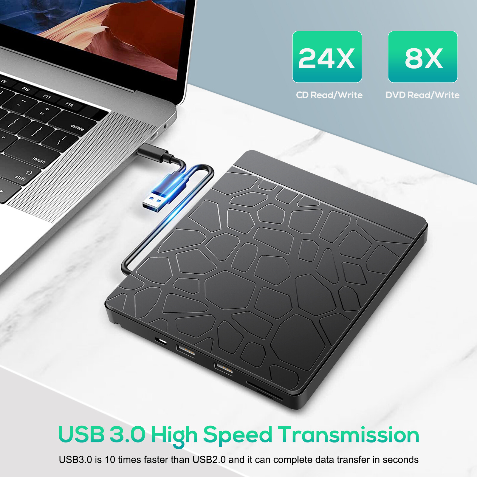 External CD DVD Drive Type-C USB 3.0 Player Disc Burner Reader for Laptop MAC OS