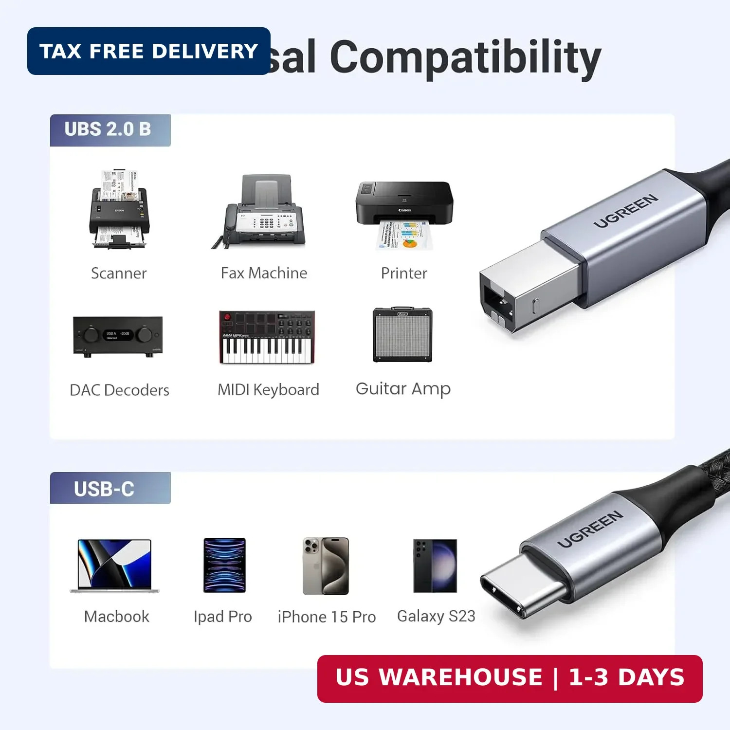 UGREEN USB B to USB C 6 FT Printer Cable, Nylon USB B to C Cord for MacBook Pro/