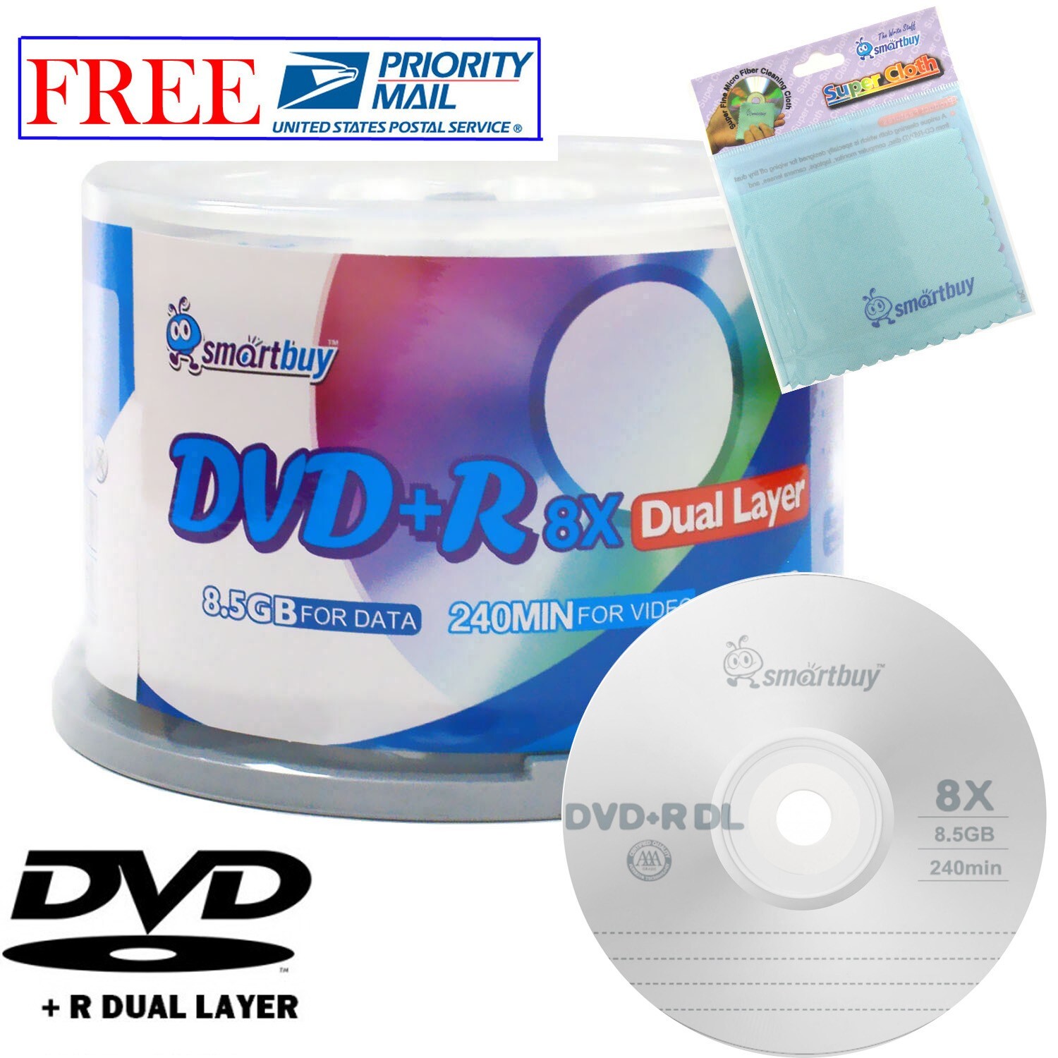 50 Smartbuy DVD+R DL 8X 8.5GB Dual Layer Logo Blank Disc +FREE Micro Fiber Cloth