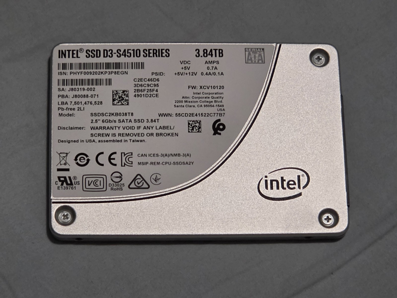 Intel D3-S4510 Series 3.84TB SATA 6Gb/s 2.5” SSD SSDSC2KB038T8 *** Health 58%