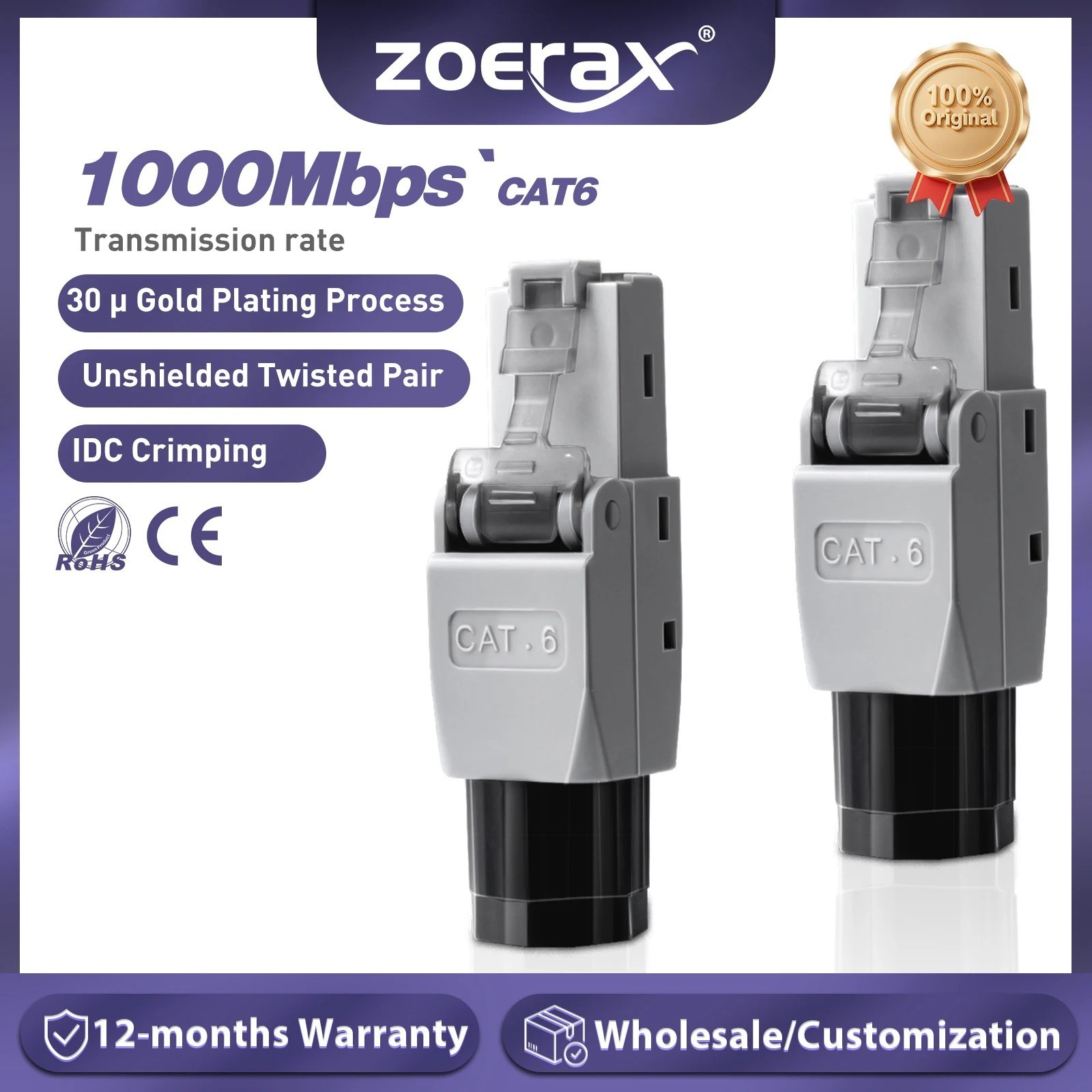 ZoeRax 10PCS RJ45 Connector Tool-Free, CAT6 Field Termination Plug