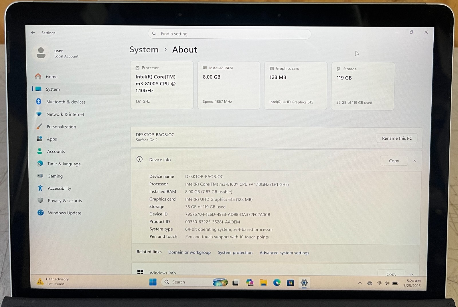 Microsoft Surface Go 2 1927 10.5″ M3-8100Y @ 1.1GHz 8GB RAM 128GB SSD WIN 11