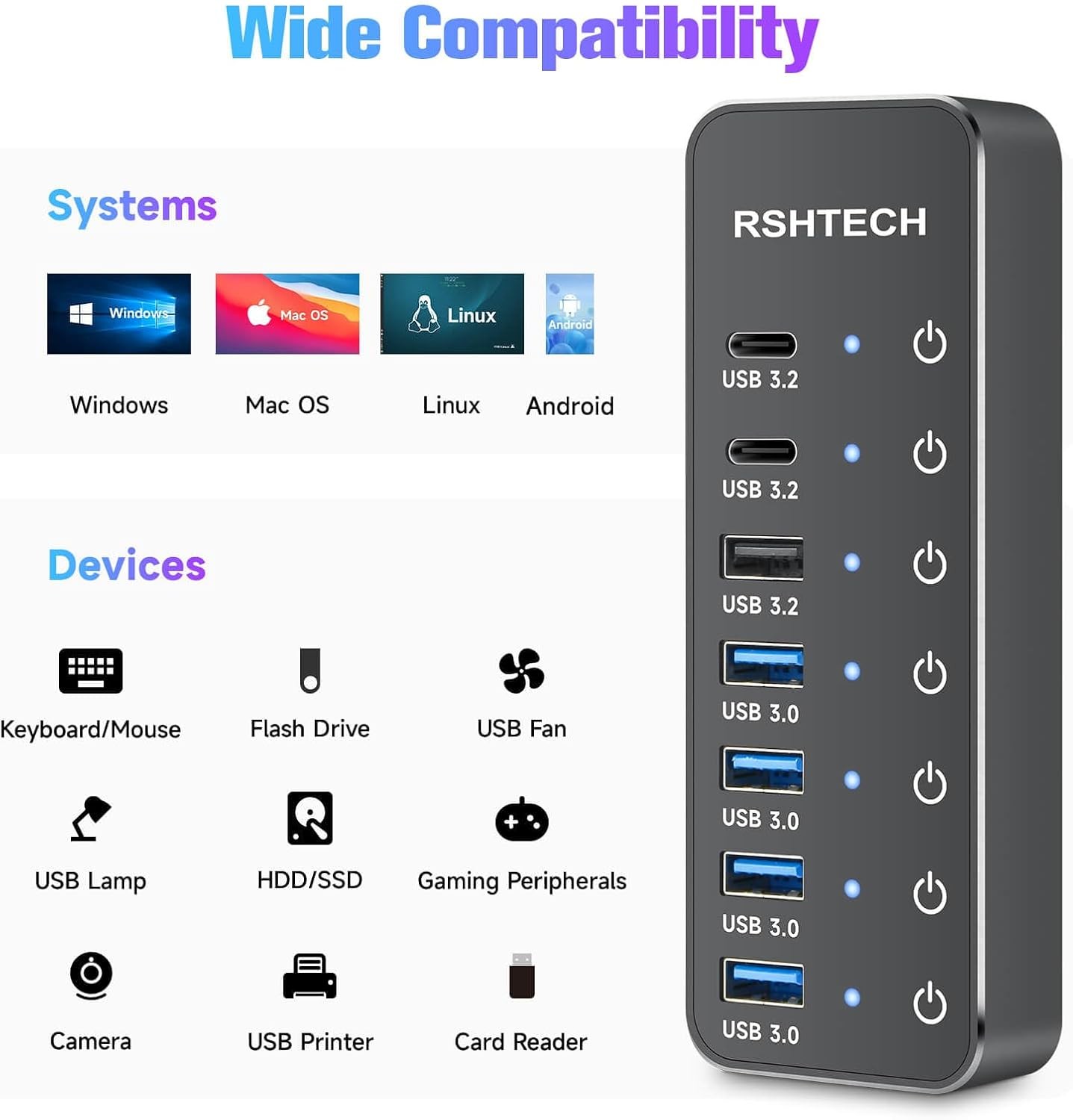 7 Port Powered USB 3.2 Hub 10Gbps USB C USB A Splitter Laptop PC Switches