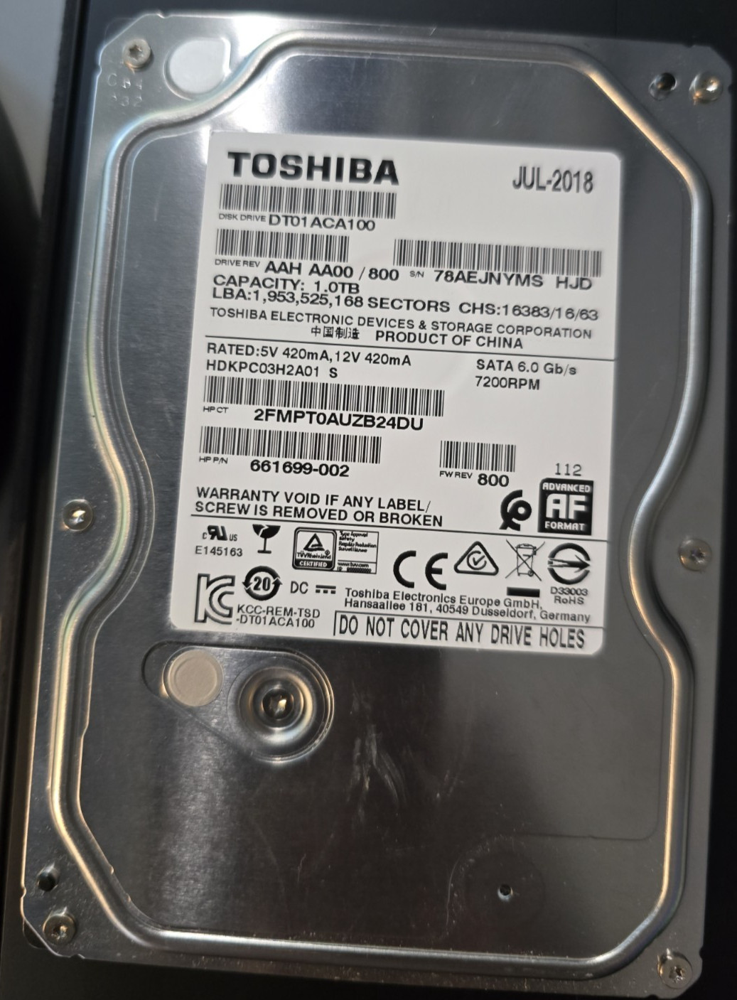 TOSHIBA Internal Hard Drive DT01ACA100V 1TB 7200 RPM 32MB Cache