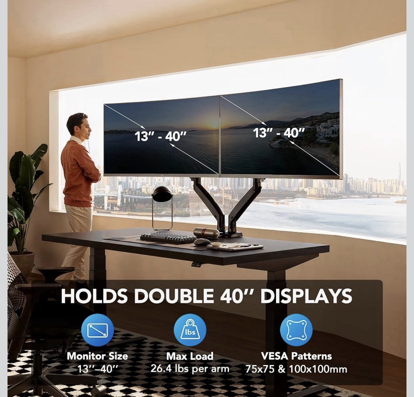 HUANUO Dual Desk Mount Arm 13-40in Tilt/Rotate VESA 75×75/100×100 USB Black