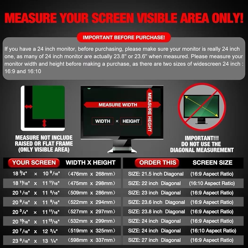 24in Privacy Screen Filter 16:9 Monitor Anti-Spy Anti-Glare 532x299mm