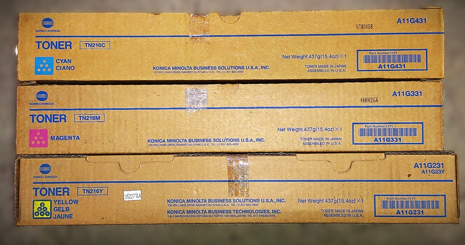 Genuine Set of 3 Konica Minolta TN216C/M/Y A11G431/331/231 CMY Toner Cartridges