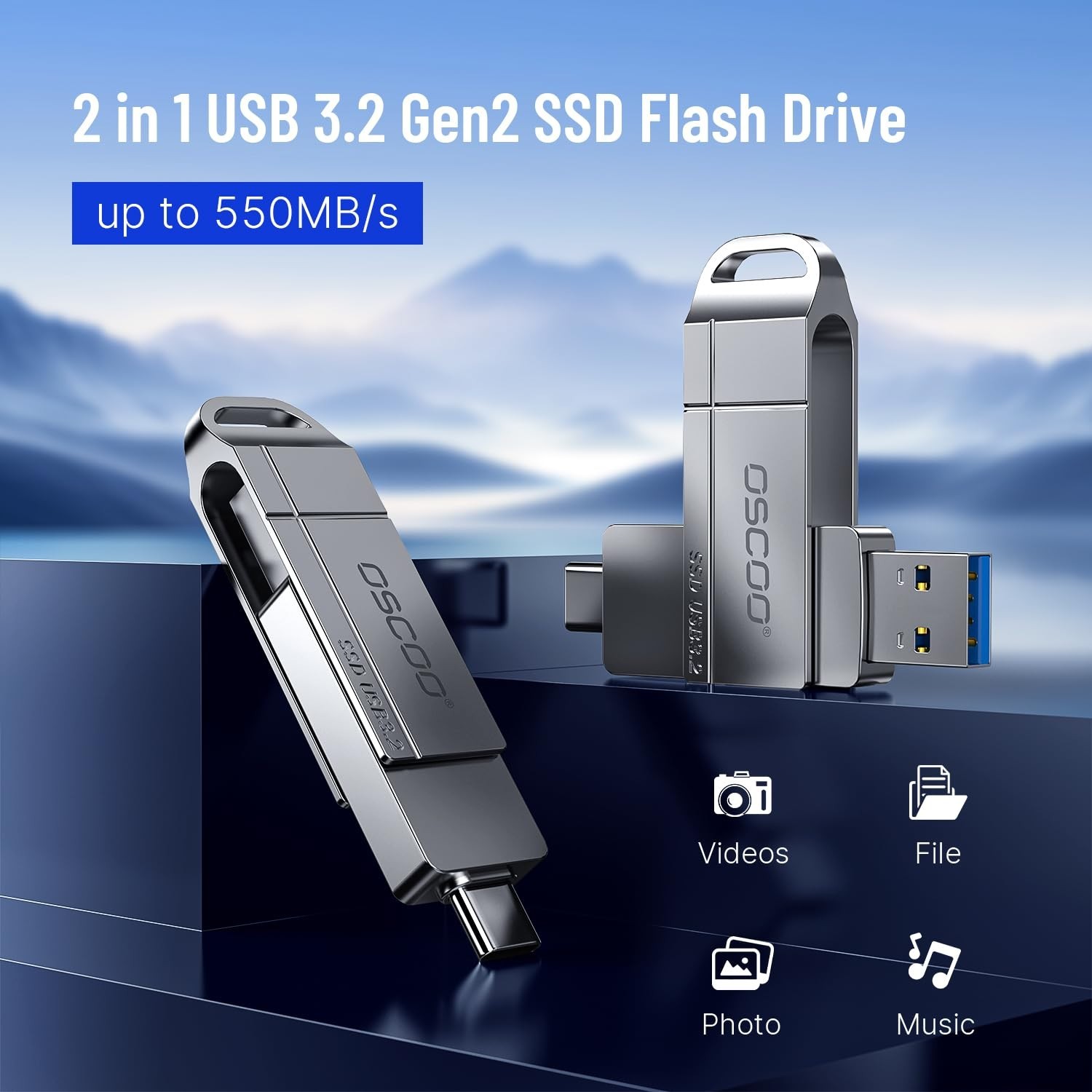 128GB USB 3.2 Flash Drive, 550MB/s Speed, Dual USB-C & USB-A, iPhone & Android B