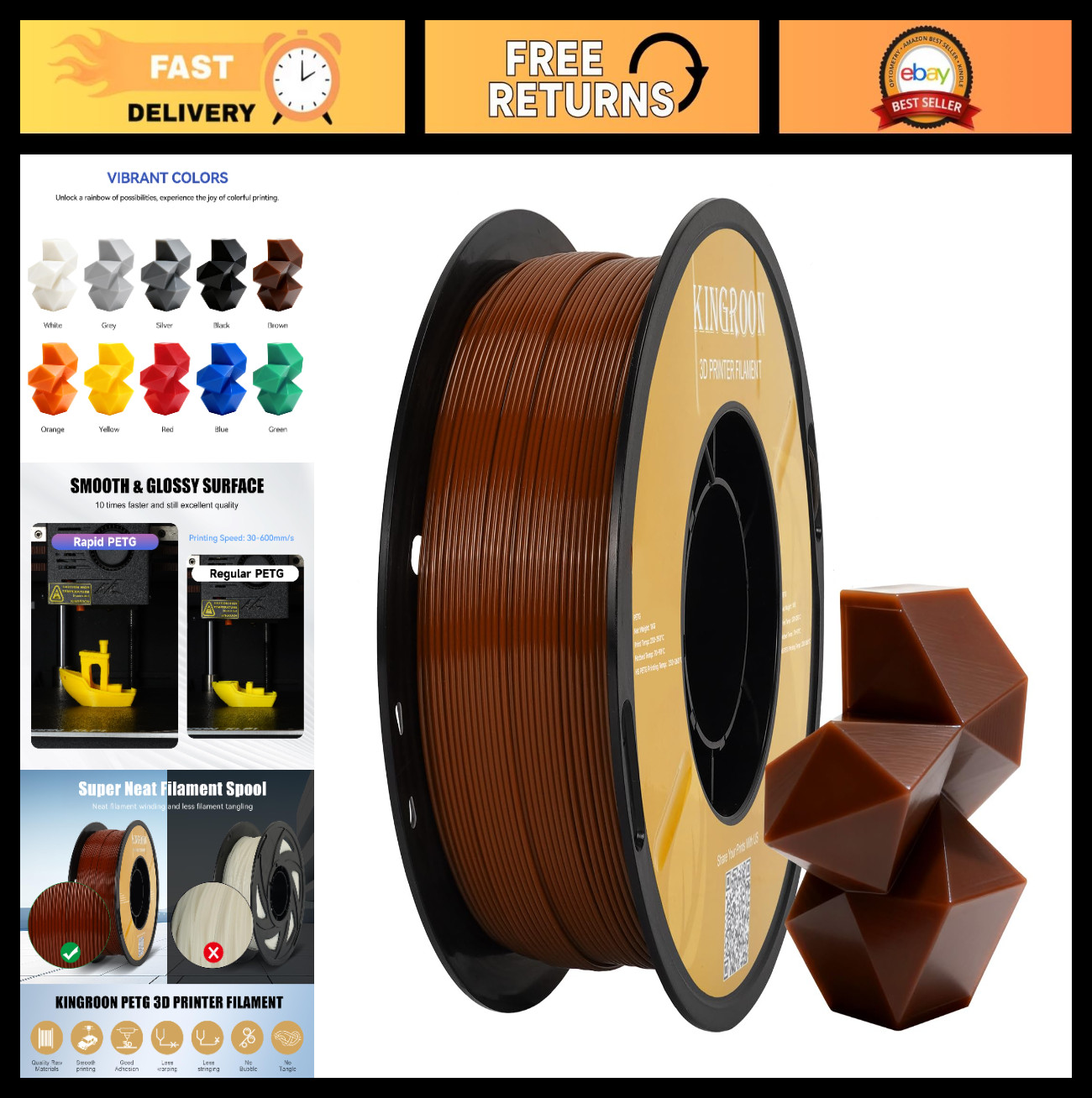 High-Speed 1.75mm PETG 3D Printer Filament – Rapid Hyper Printing, 1kg Spool, Br
