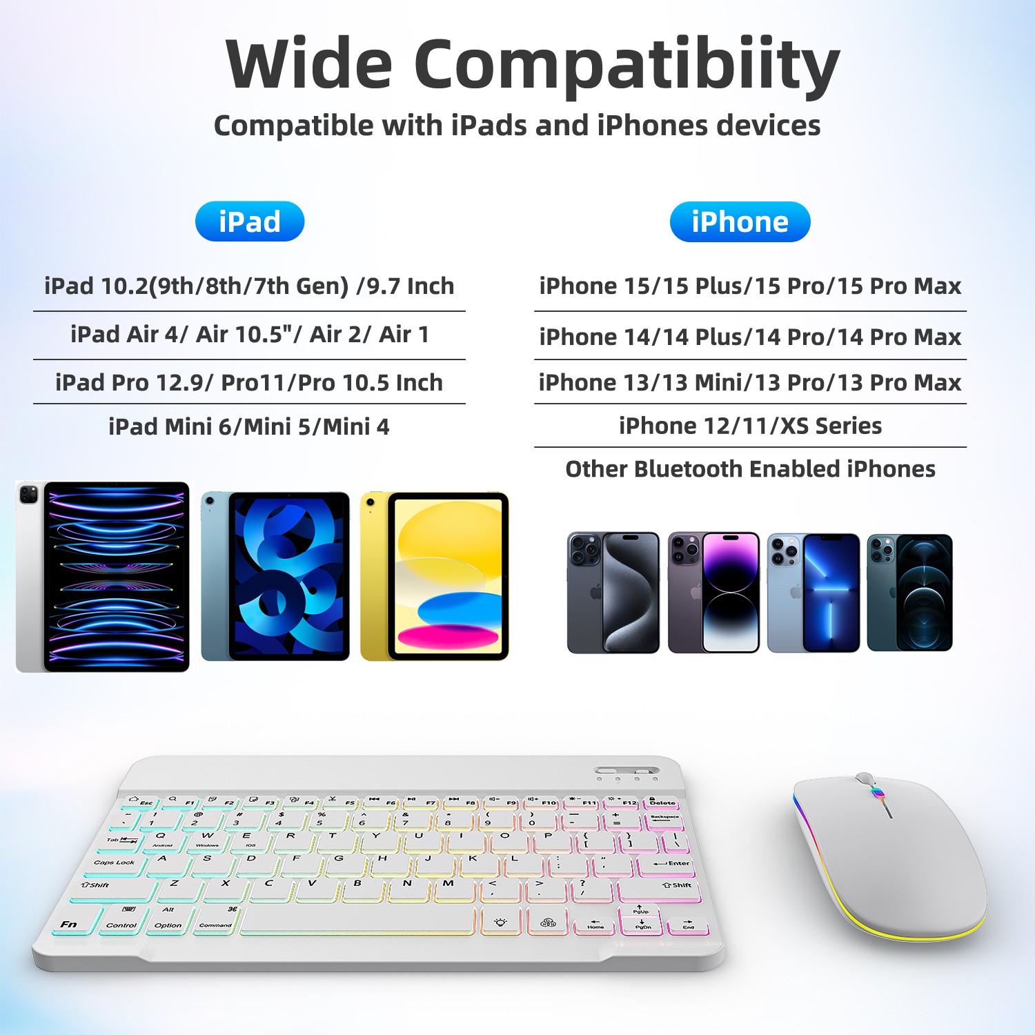 Universal RGB Backlit Keyboard and Mouse Combo – Wireless via Bluetooth for iPad
