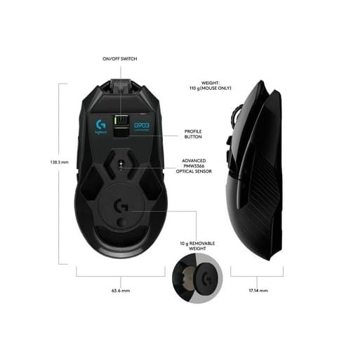 Logitech G903 LIGHTSPEED Wireless Gaming Mouse W/ Hero 25K Sensor, PowerPlay
