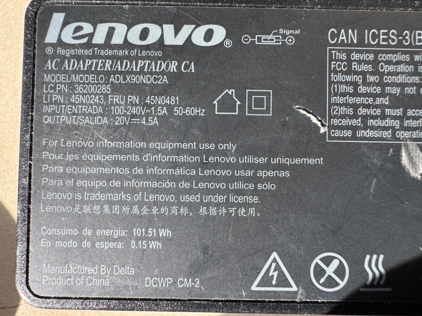 Lot of 5 Lenovo adlx90nlc2a 90W 20V 4.5A Yellow Square Tip AC Adapters w/ cords
